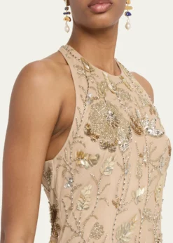 Aidan MattoxFloral Bead & Sequin Halter Mini Dress