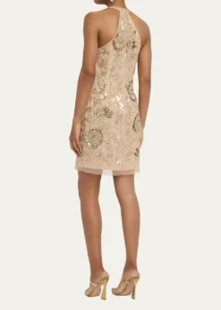 Aidan MattoxFloral Bead & Sequin Halter Mini Dress
