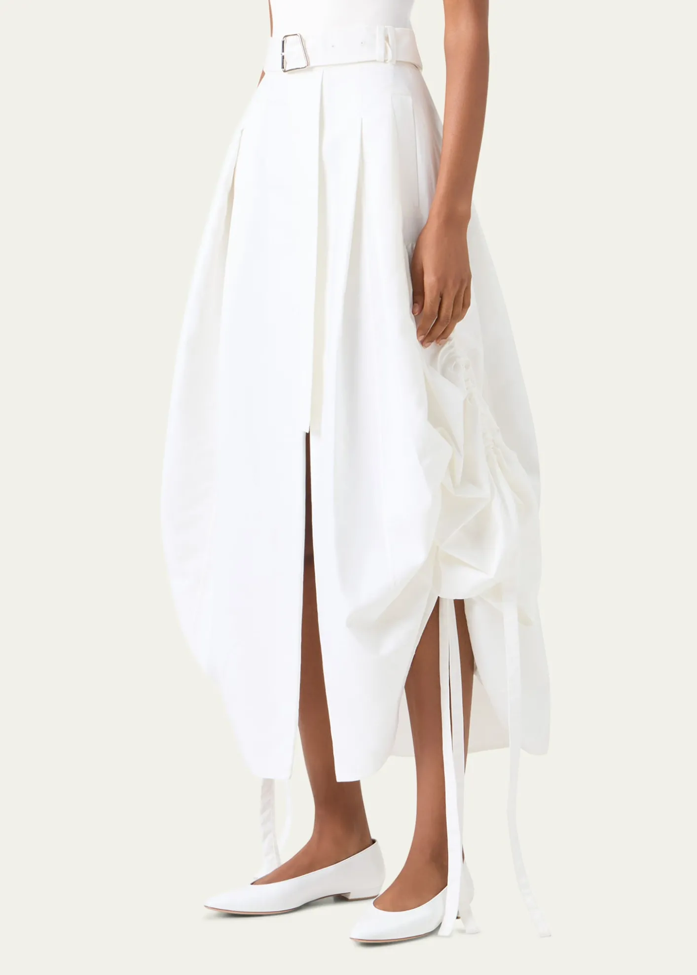 AkrisBelted Side-Gathered Midi Skirt