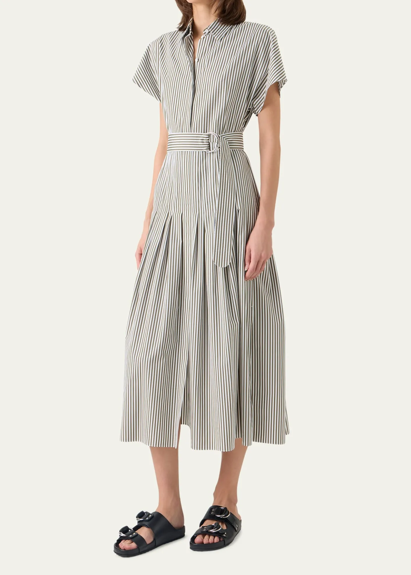 Akris puntoCap-Sleeve Belted Cotton Poplin Pleated Midi Shirtdress