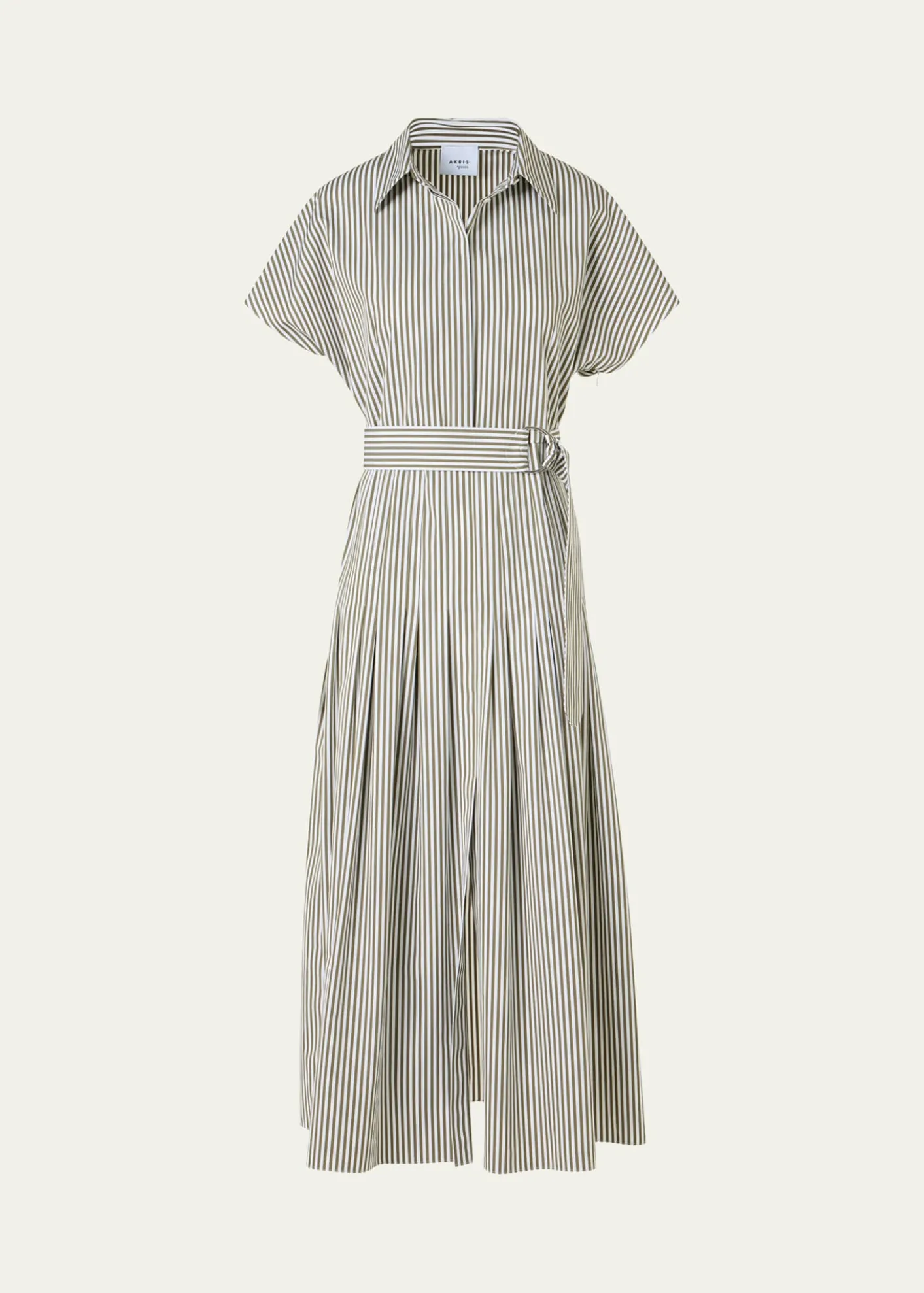 Akris puntoCap-Sleeve Belted Cotton Poplin Pleated Midi Shirtdress