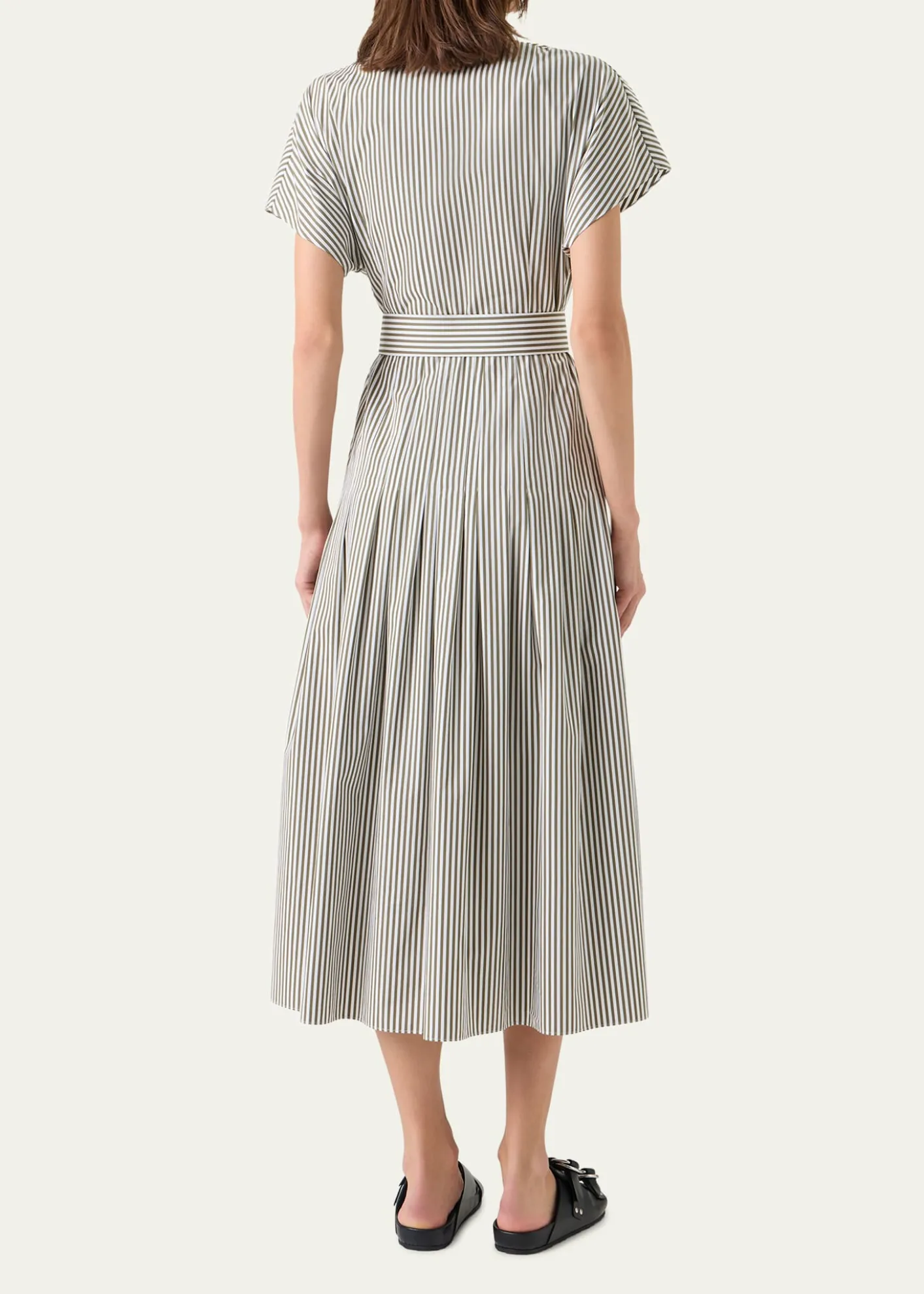 Akris puntoCap-Sleeve Belted Cotton Poplin Pleated Midi Shirtdress