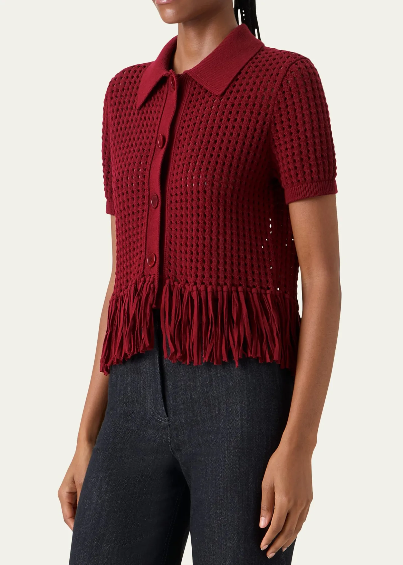 Akris puntoChunky Cotton Mesh Knit Fringed Collared Cardigan