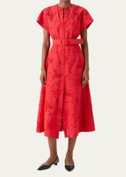 Akris puntoFloral Eyelet Embroidered Short-Sleeve Belted Midi Dress