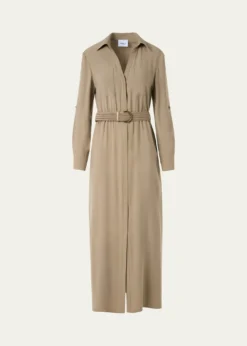 Akris puntoLong-Sleeve Belted Viscose Twill Midi Shirtdress