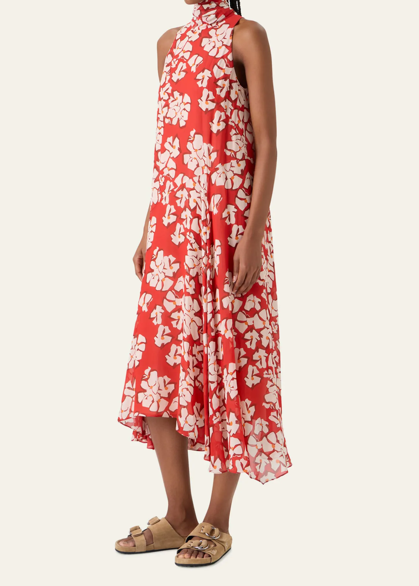 Akris puntoMock-Neck Papercut Floral Print Viscose Georgette Midi Dress