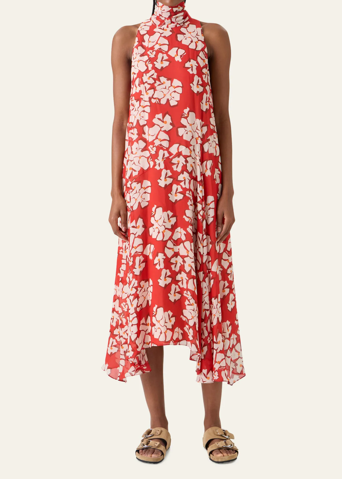 Akris puntoMock-Neck Papercut Floral Print Viscose Georgette Midi Dress