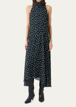 Akris puntoMock-Neck Polka-Dot Viscose Georgette Handkerchief Midi Dress