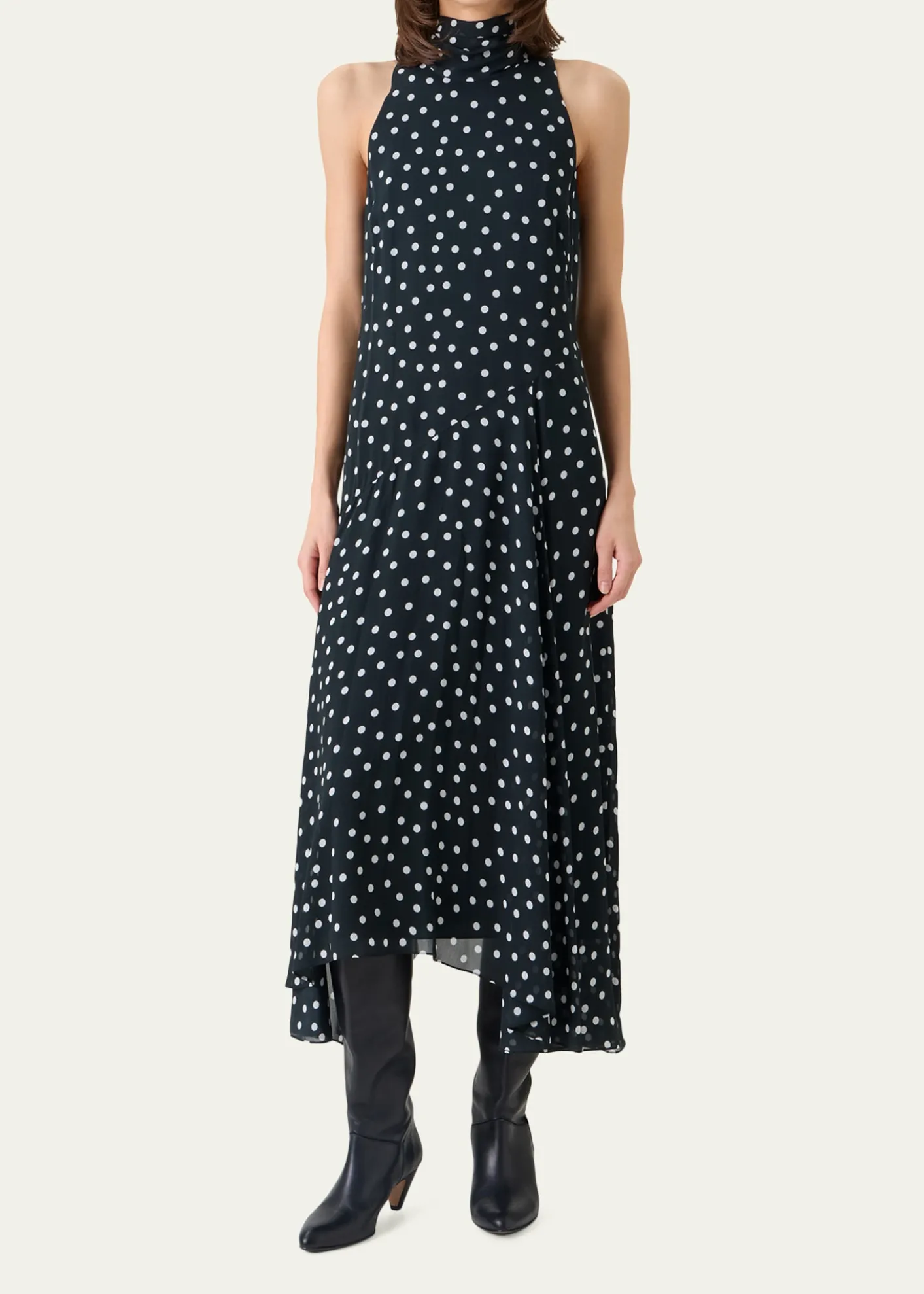 Akris puntoMock-Neck Polka-Dot Viscose Georgette Handkerchief Midi Dress