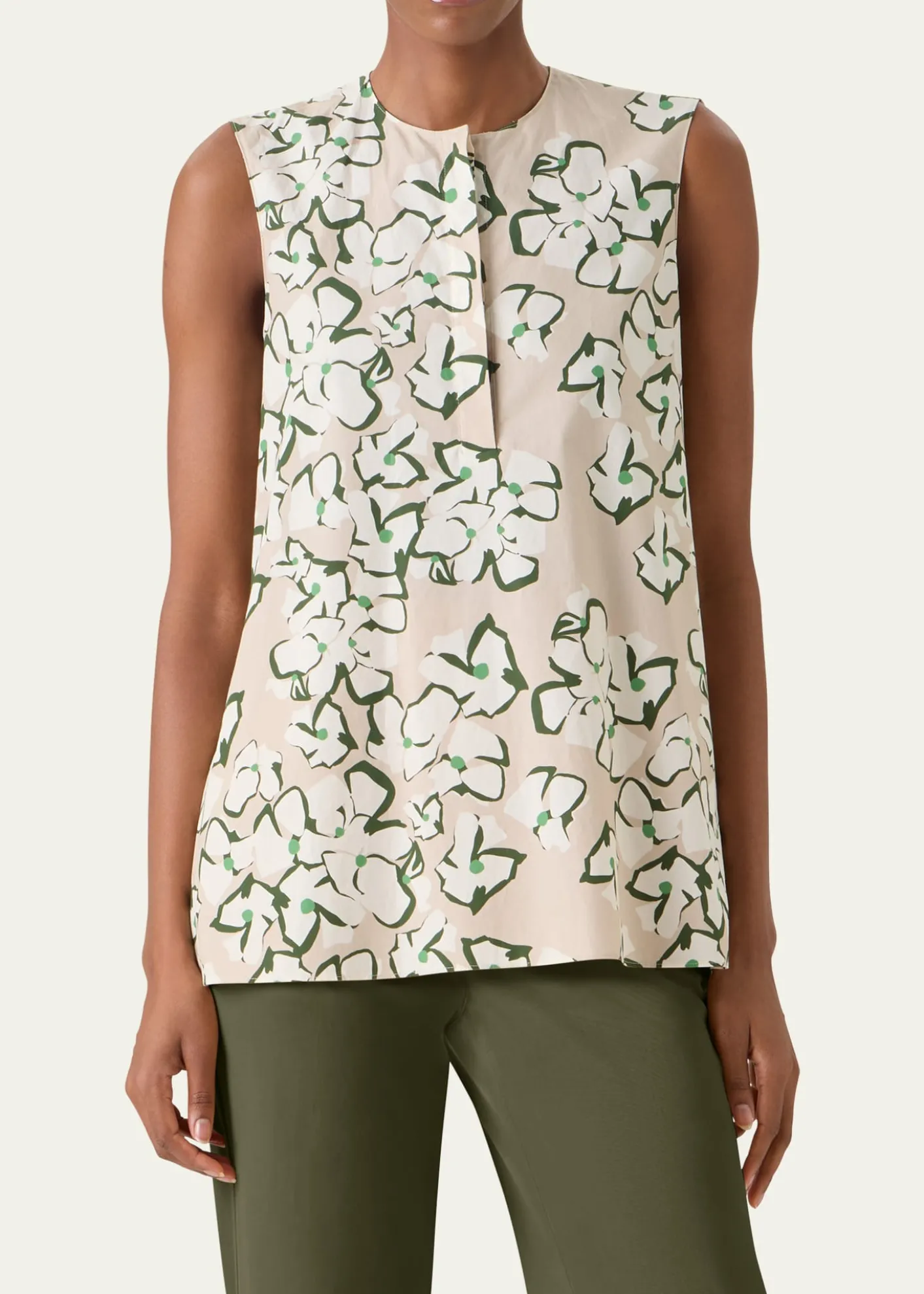 Akris puntoPapercut Flower Print Cotton Poplin Sleeveless Tunic Blouse