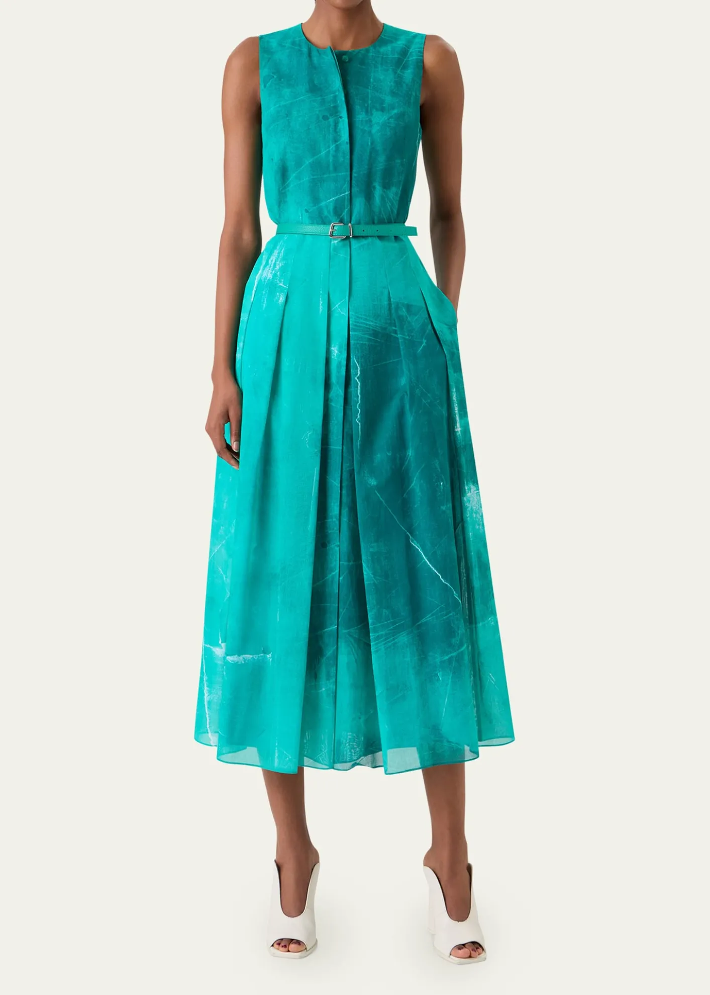 AkrisSleeveless Cotton Voile Belted Midi Dress