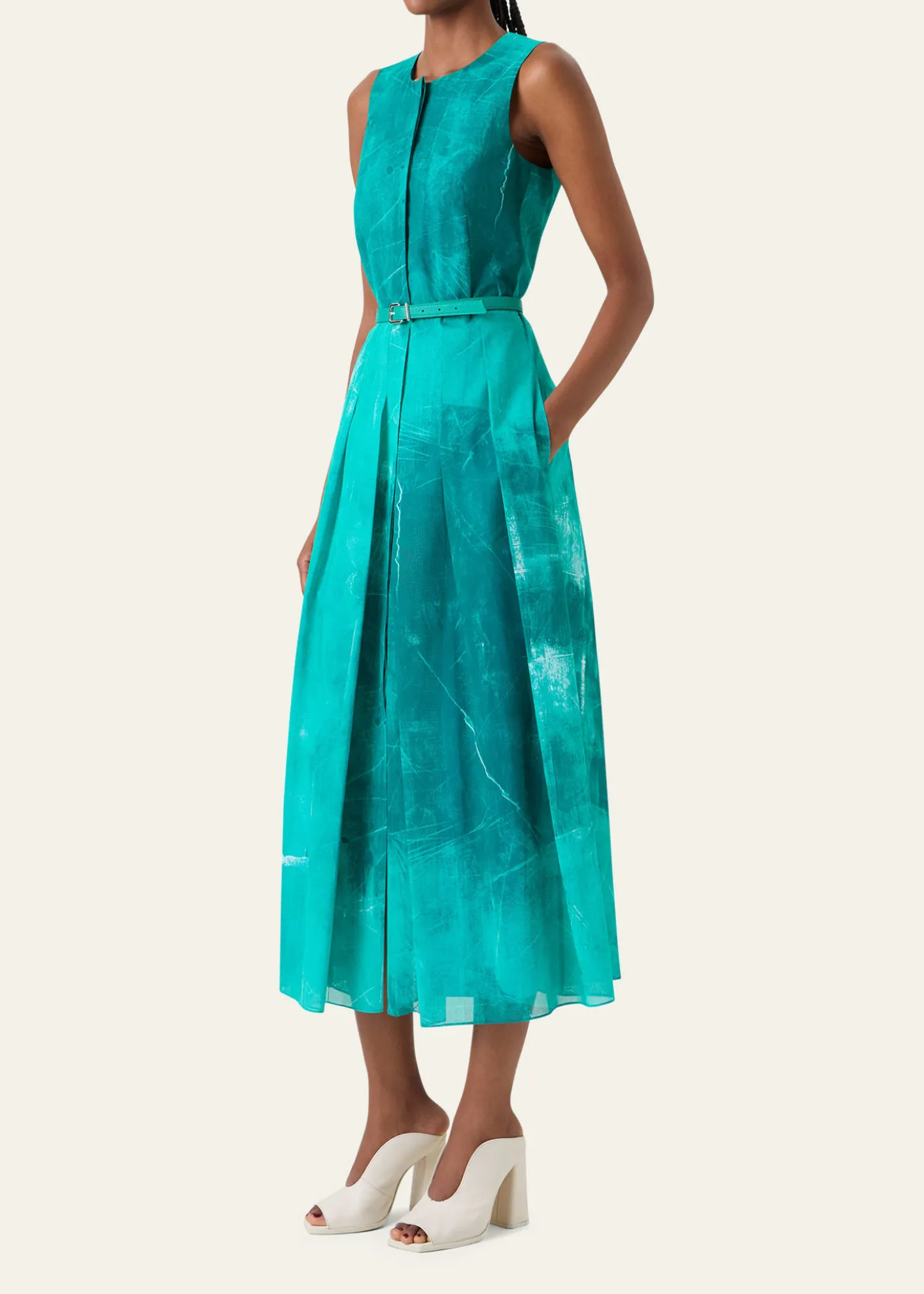 AkrisSleeveless Cotton Voile Belted Midi Dress