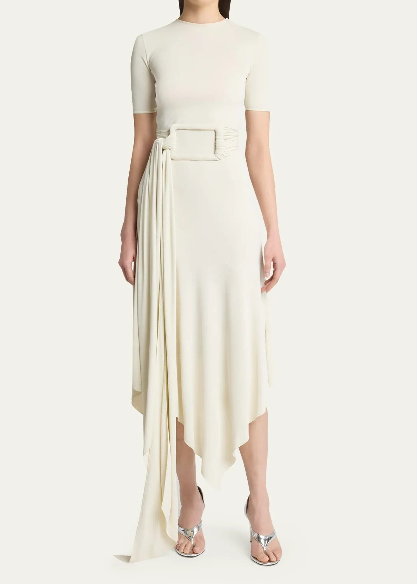 ALAIAAsymmetric Fluid Jersey Belted Midi Dress