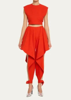 ALAIACotton Gabardine Ruffle Paneled Ankle-Tie Pants