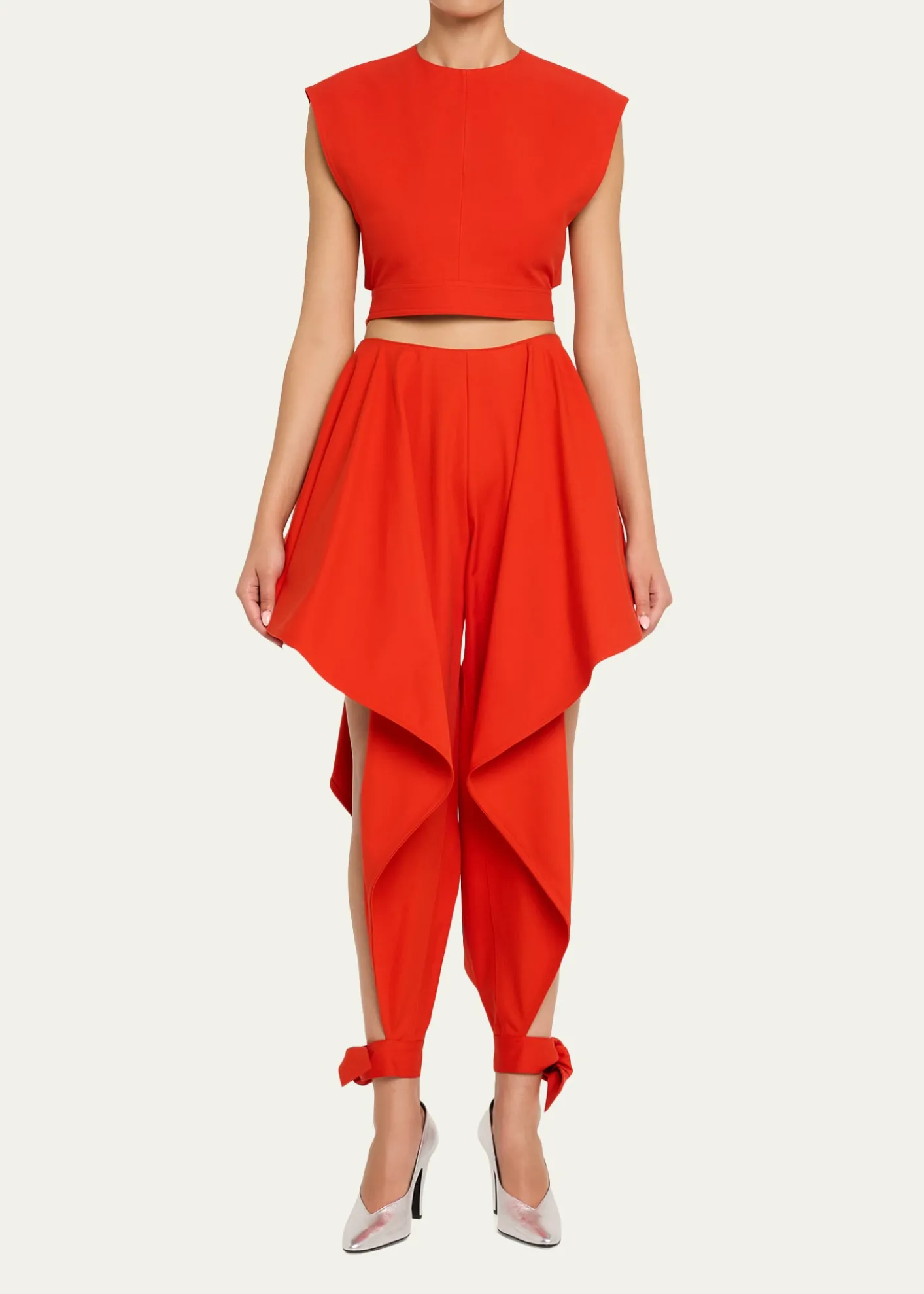 ALAIACotton Gabardine Ruffle Paneled Ankle-Tie Pants