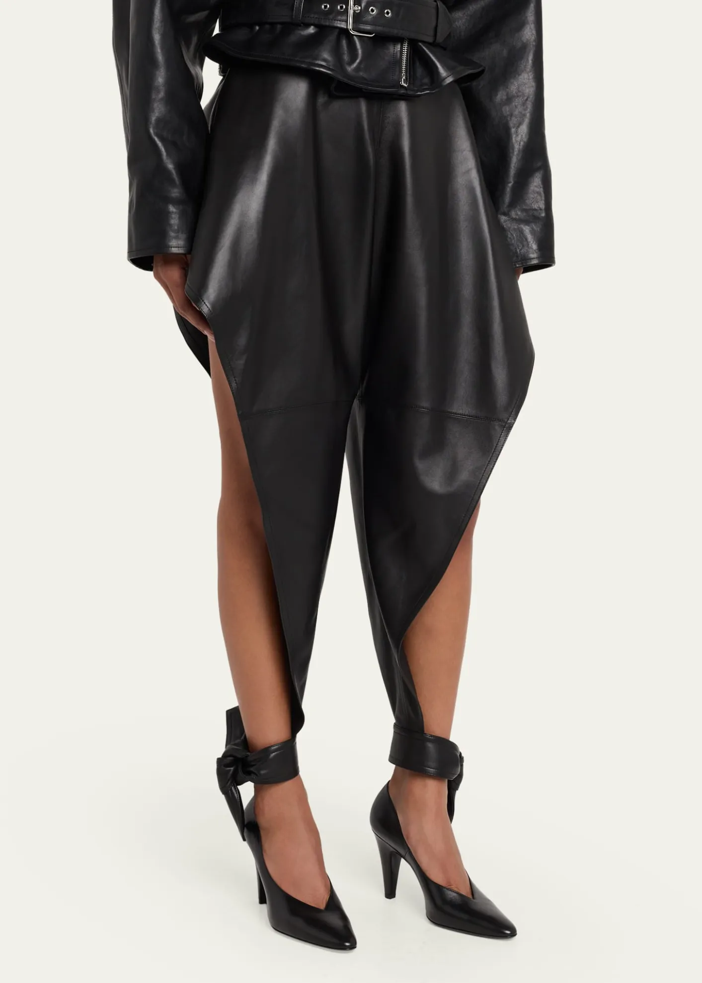 ALAIALeather Pointed Ruffle Ankle-Tie Pants