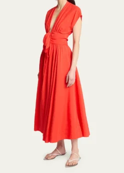 ALAIAPlunging Belted Linen Midi Dress