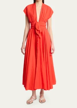 ALAIAPlunging Belted Linen Midi Dress
