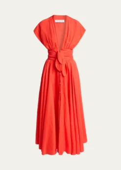 ALAIAPlunging Belted Linen Midi Dress