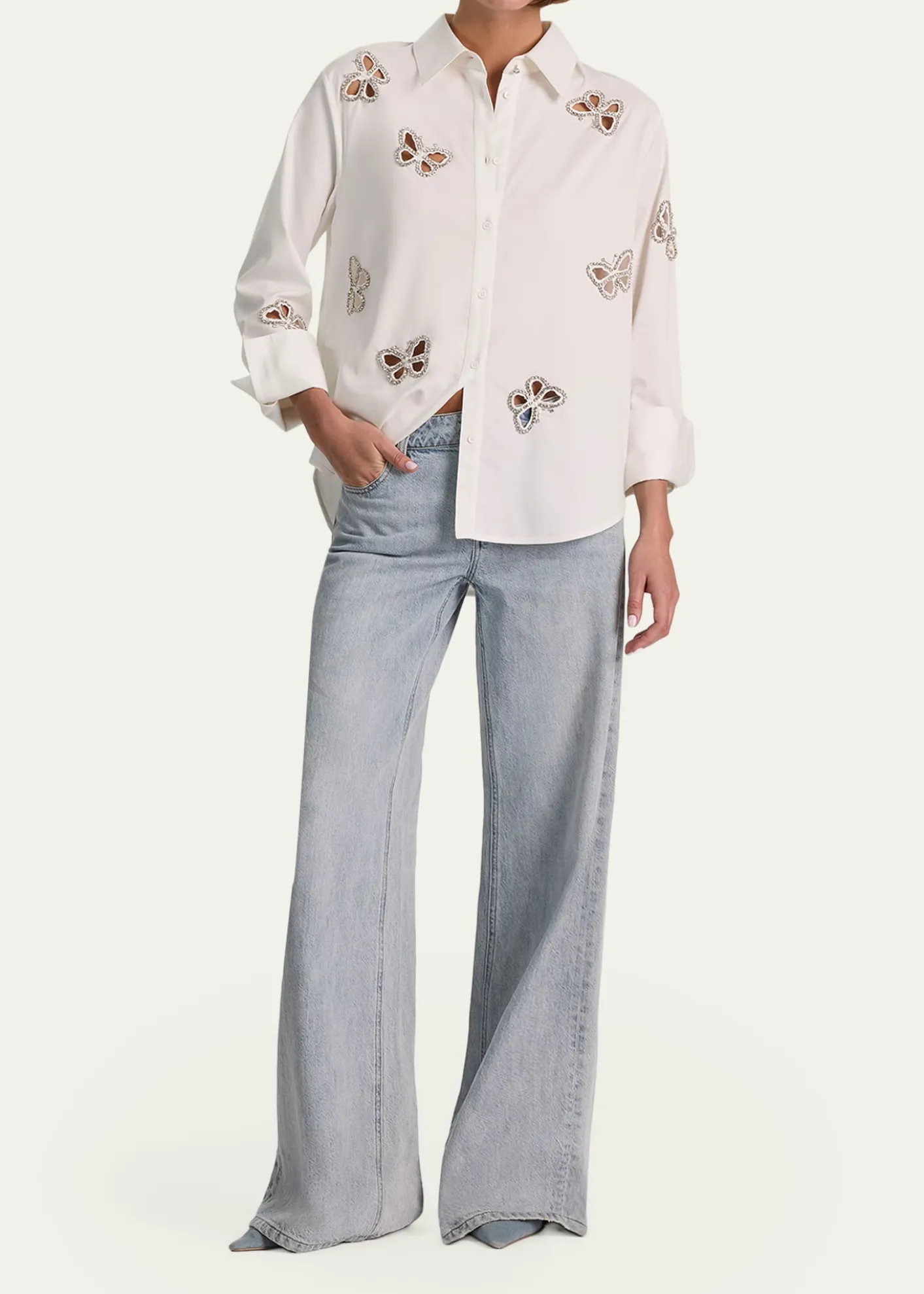 ALICE + OLIVIAFinely Embellished Cutout Button-Front Shirt