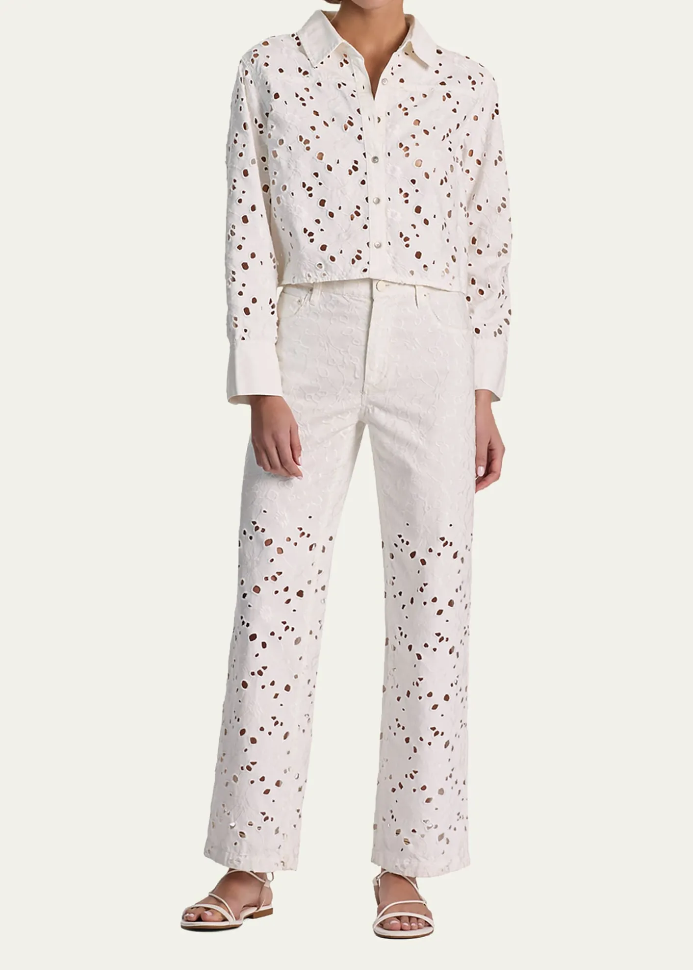 ALICE + OLIVIAFinely Laser-Cut Denim Cropped Shirt