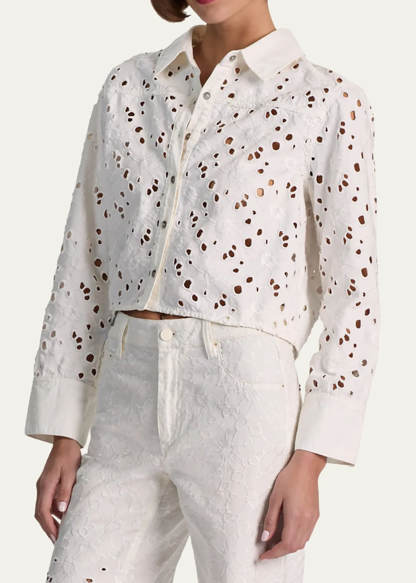 ALICE + OLIVIAFinely Laser-Cut Denim Cropped Shirt