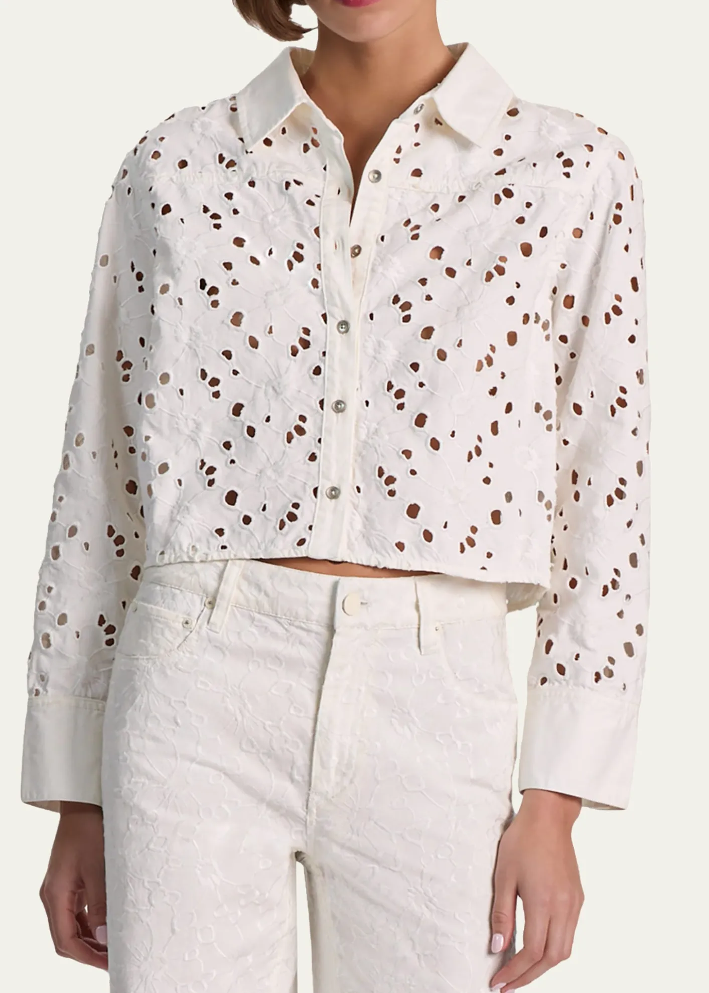ALICE + OLIVIAFinely Laser-Cut Denim Cropped Shirt