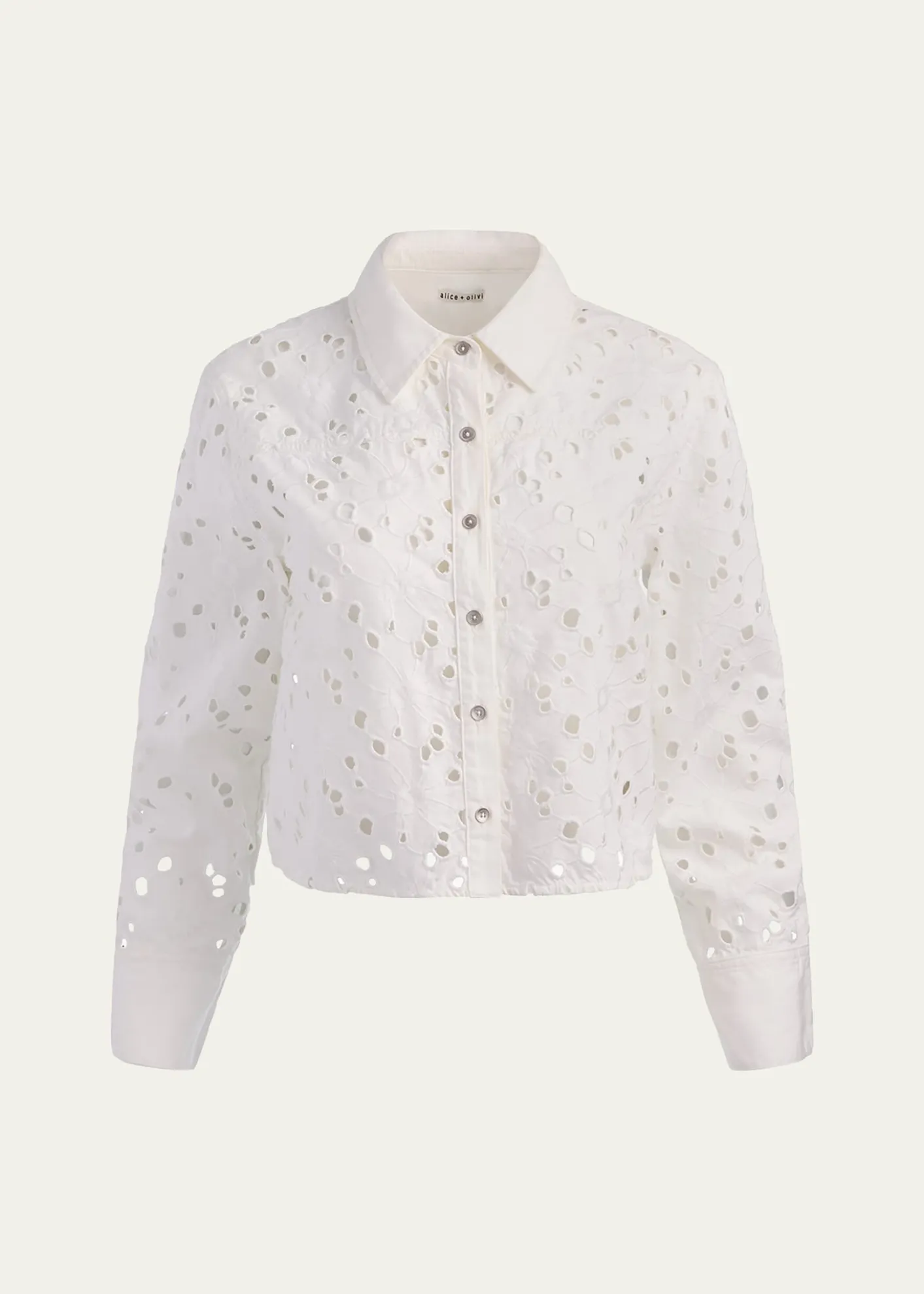 ALICE + OLIVIAFinely Laser-Cut Denim Cropped Shirt