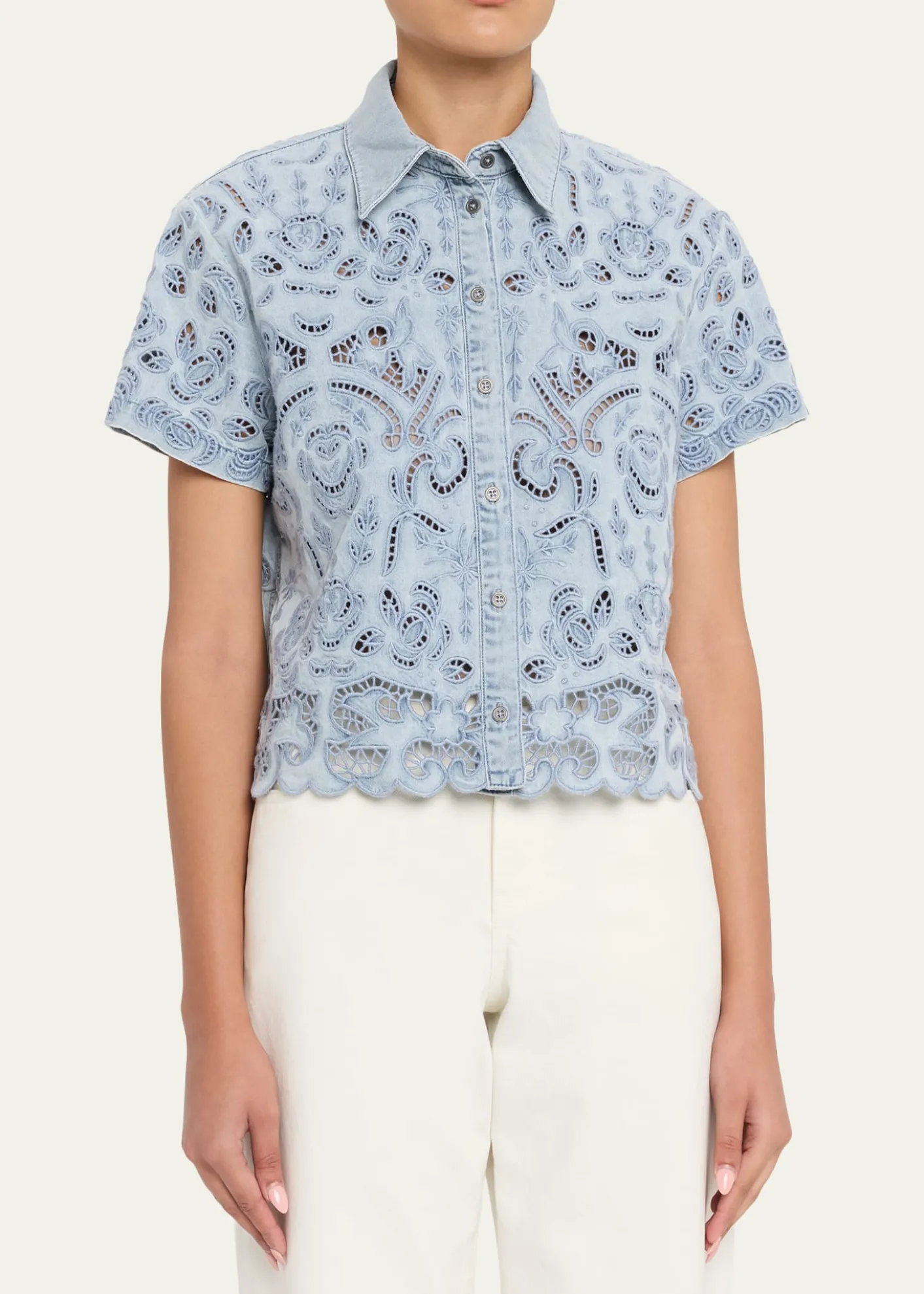 ALICE + OLIVIALane Embroidered Denim Button-Front Shirt