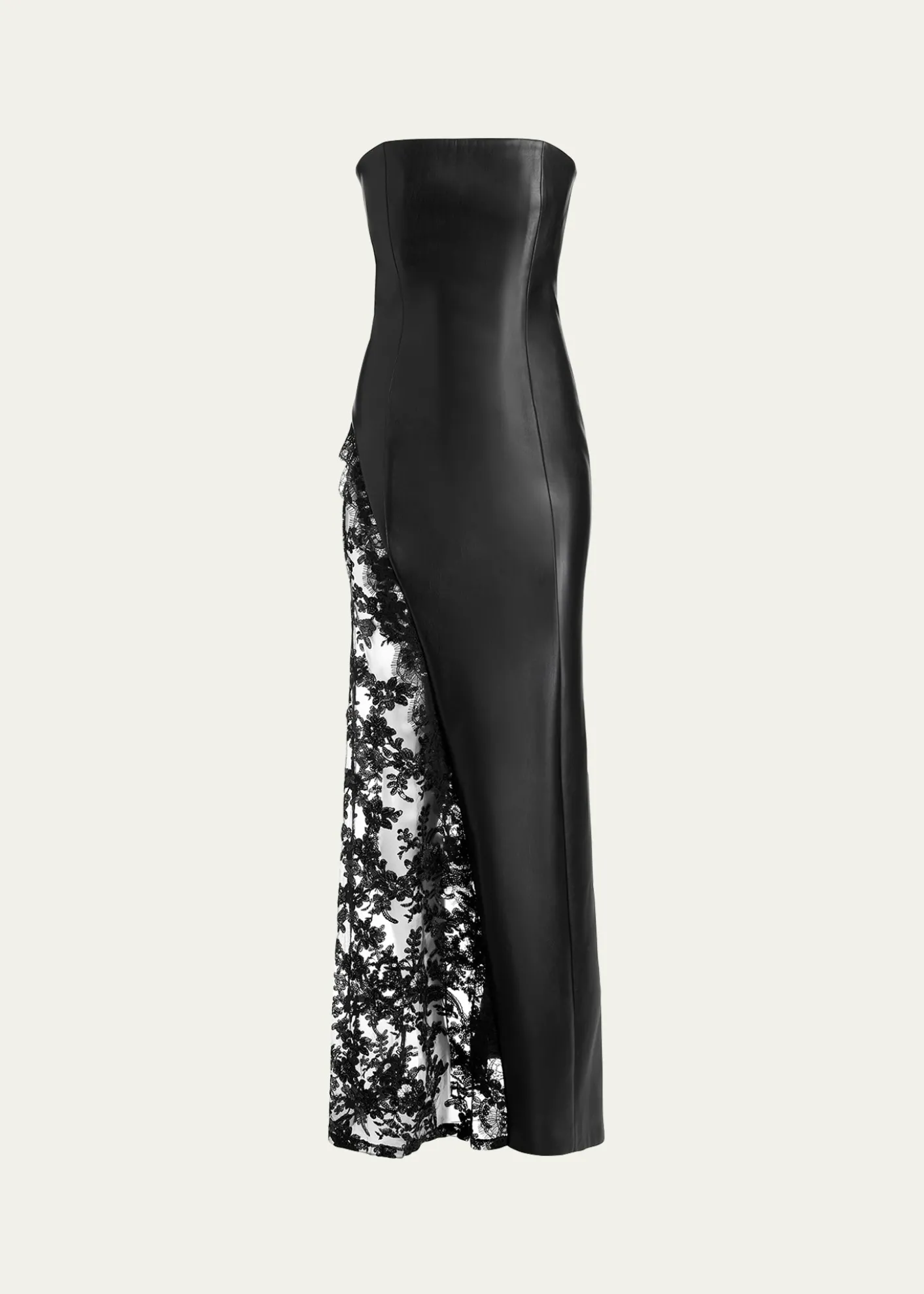 ALICE + OLIVIARetha Strapless Vegan Leather Lace Maxi Dress