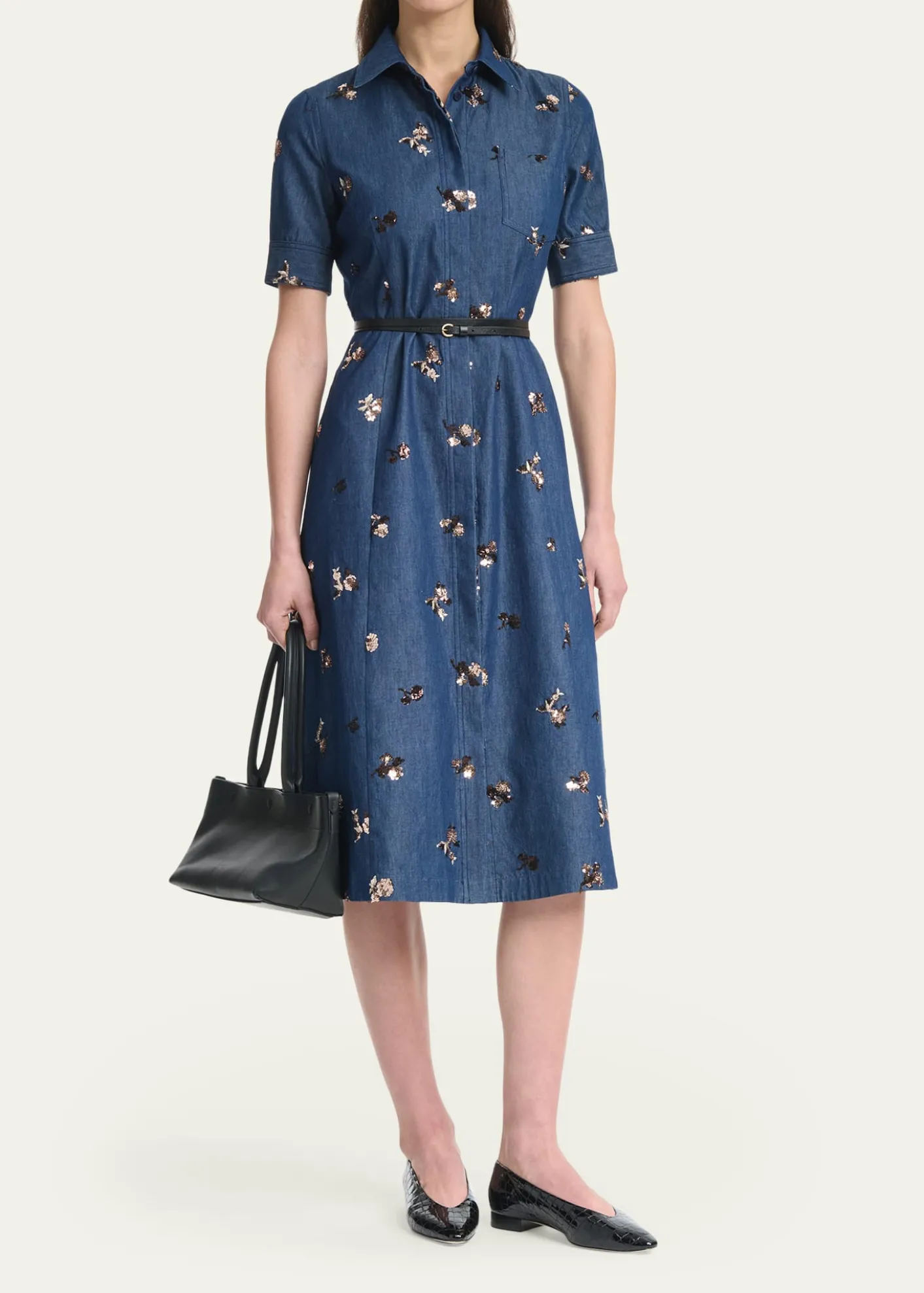 AltuzarraKieran Sequined Floral Denim Midi Shirtdress With Belt
