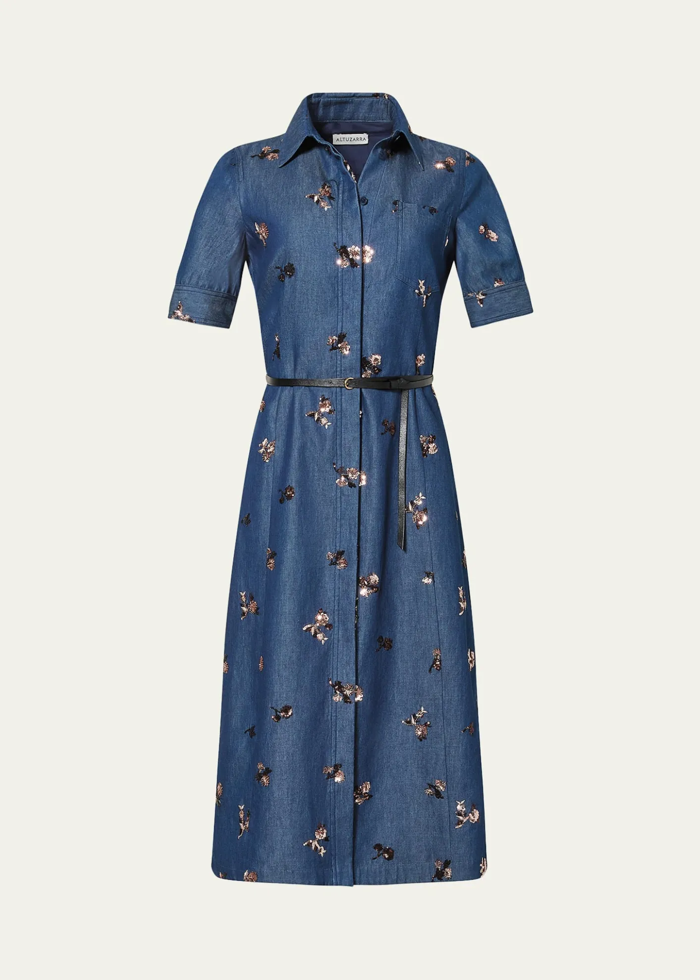 AltuzarraKieran Sequined Floral Denim Midi Shirtdress With Belt