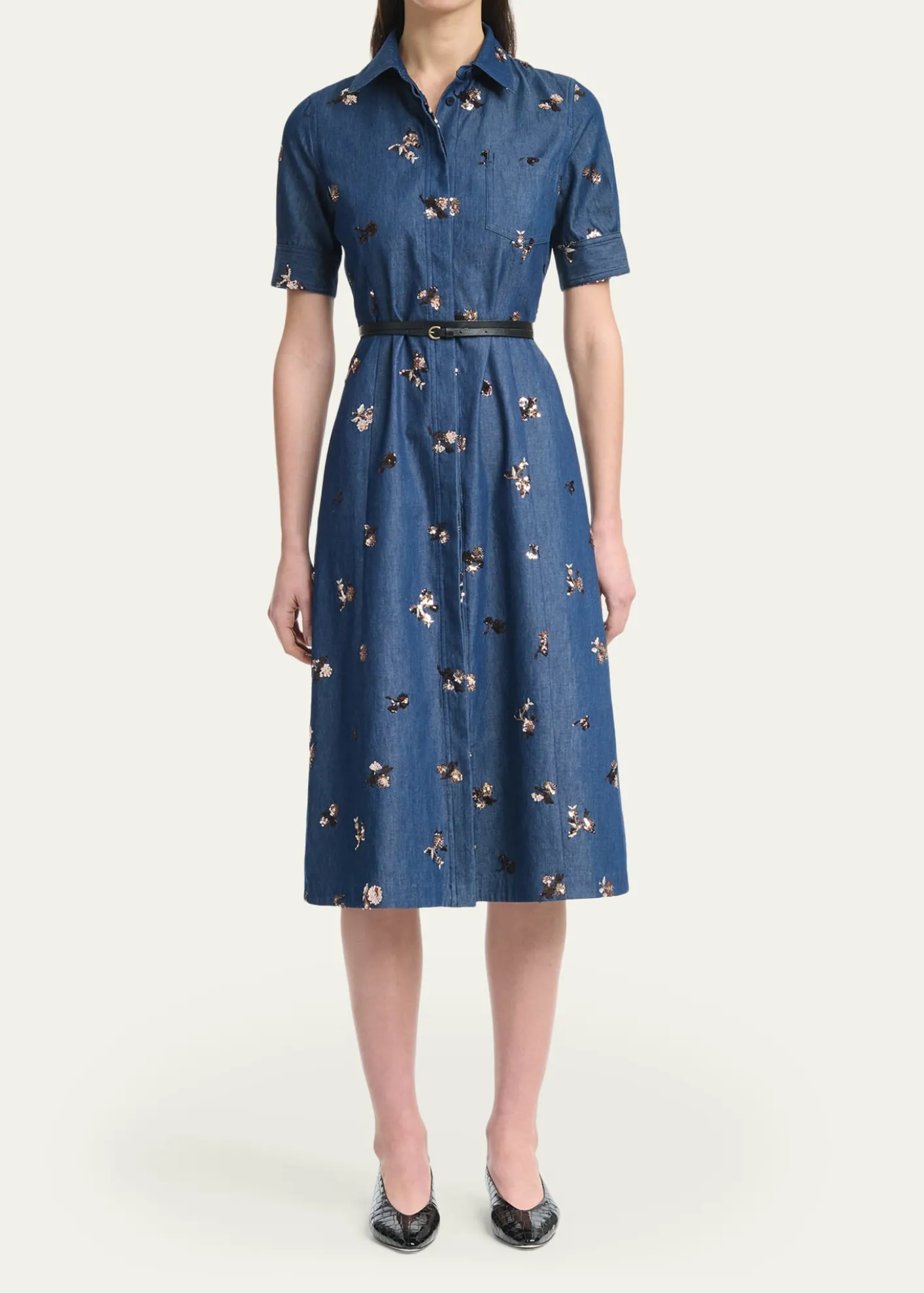 AltuzarraKieran Sequined Floral Denim Midi Shirtdress With Belt