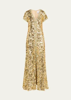Atelier Prabal GurungVerushka Crystal Sequined Short-Sleeve Slit Gown