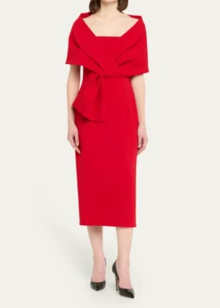 Badgley MischkaSquare-Neck Pleated Wrap Midi Dress