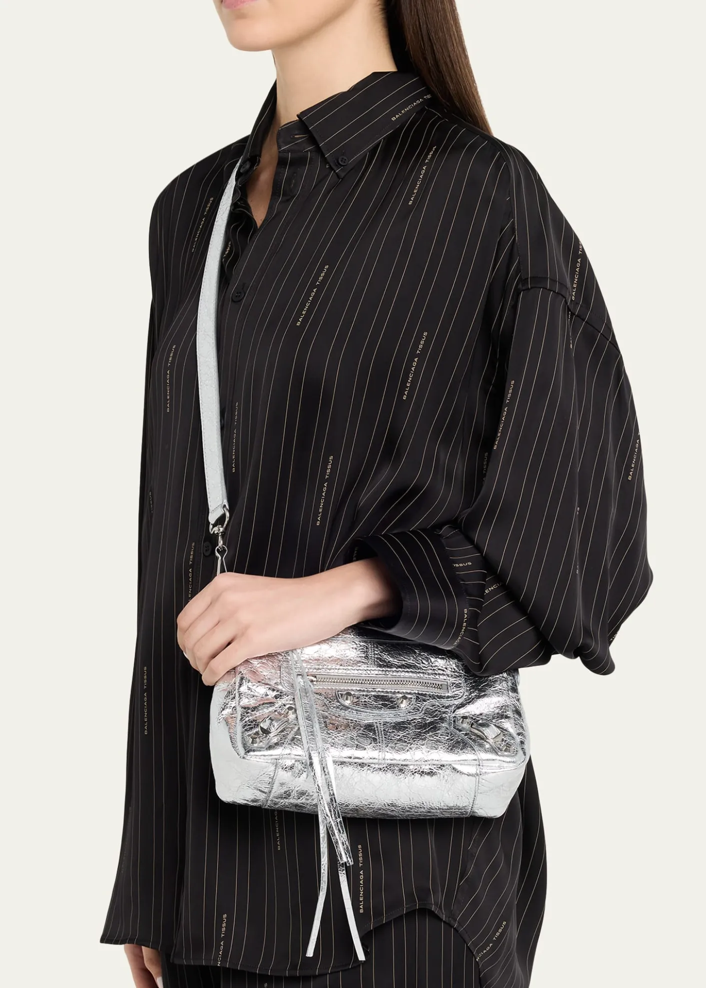 BalenciagaLe City Mini Metallic Leather Moto Shoulder Bag