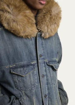 BalenciagaMen's Faux Fur-Trim Hooded Denim Trucker Jacket