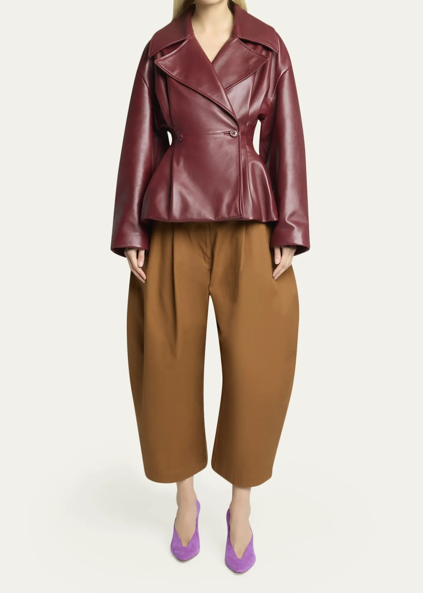 BalenciagaPleated Leather Short Peplum Trench Coat