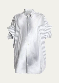 BalenciagaTucked-Sleeve Striped Poplin Shirt