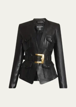 BalmainBelted Leather Fitted Jacket