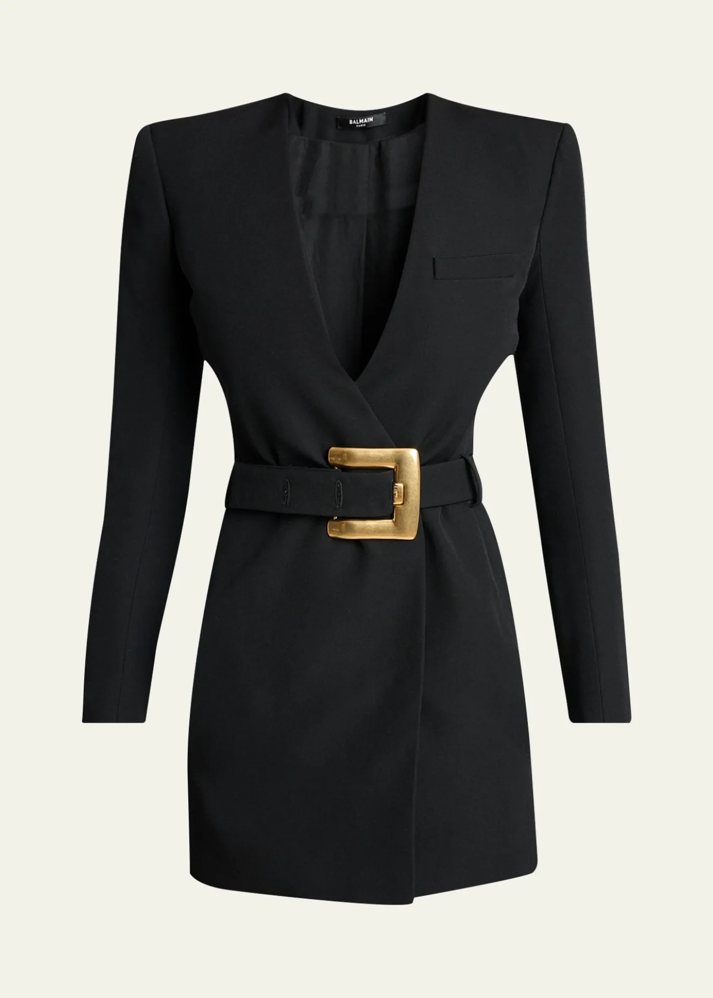 BalmainBelted Strong-Shoulder Long-Sleeve Mini Dress