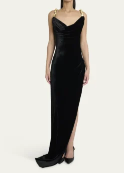 BalmainButton Cowl-Neck Velvet Slit Maxi Dress