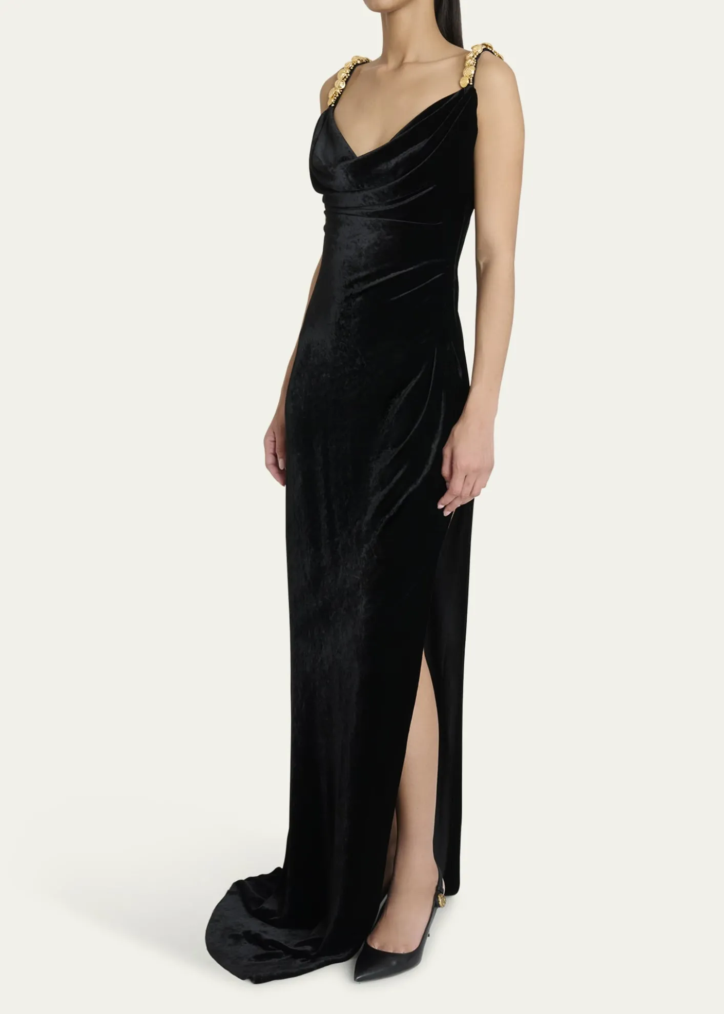 BalmainButton Cowl-Neck Velvet Slit Maxi Dress