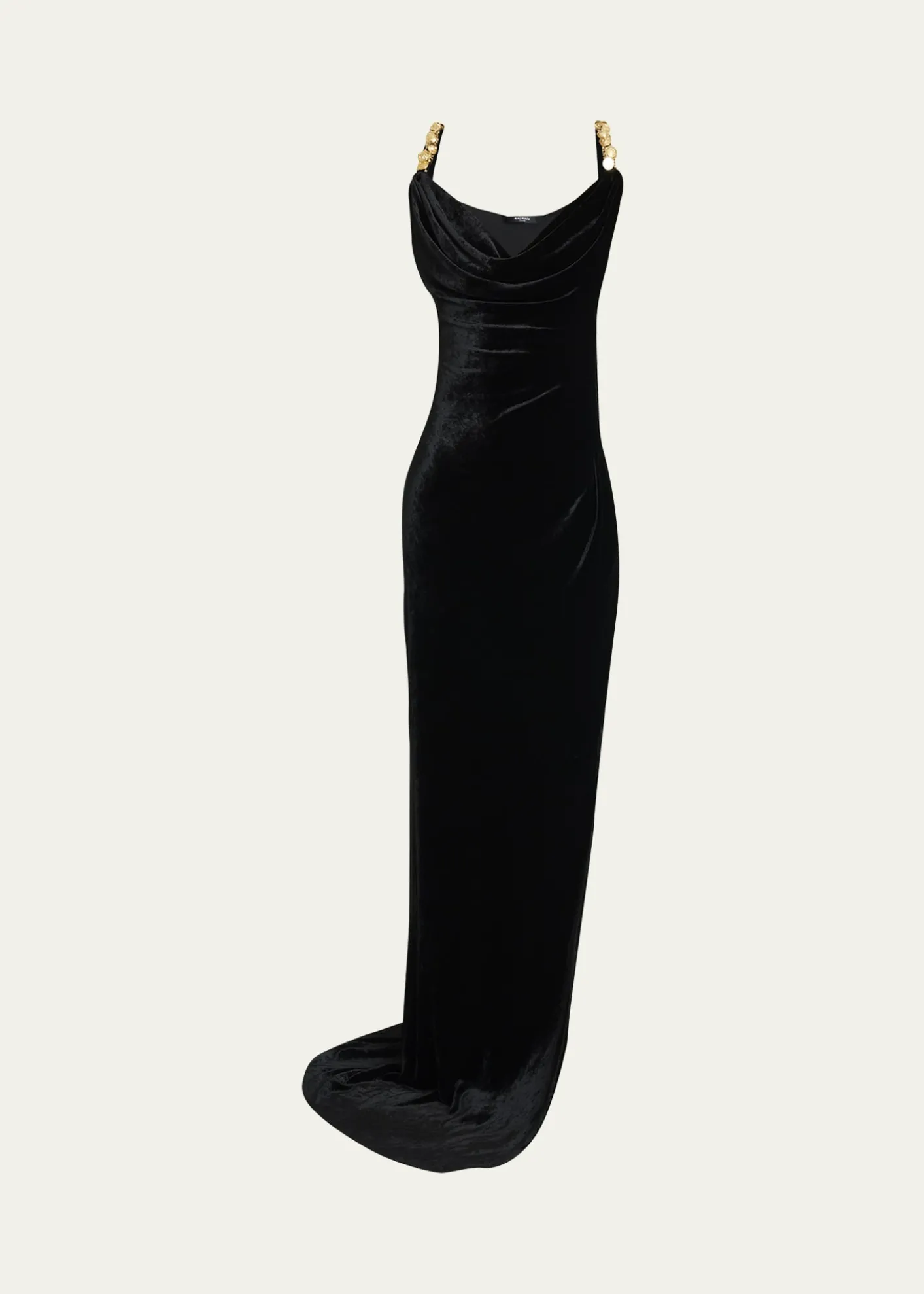 BalmainButton Cowl-Neck Velvet Slit Maxi Dress