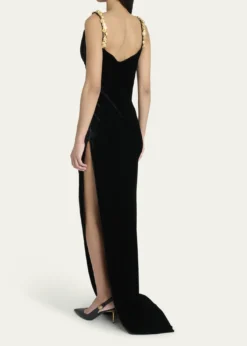 BalmainButton Cowl-Neck Velvet Slit Maxi Dress