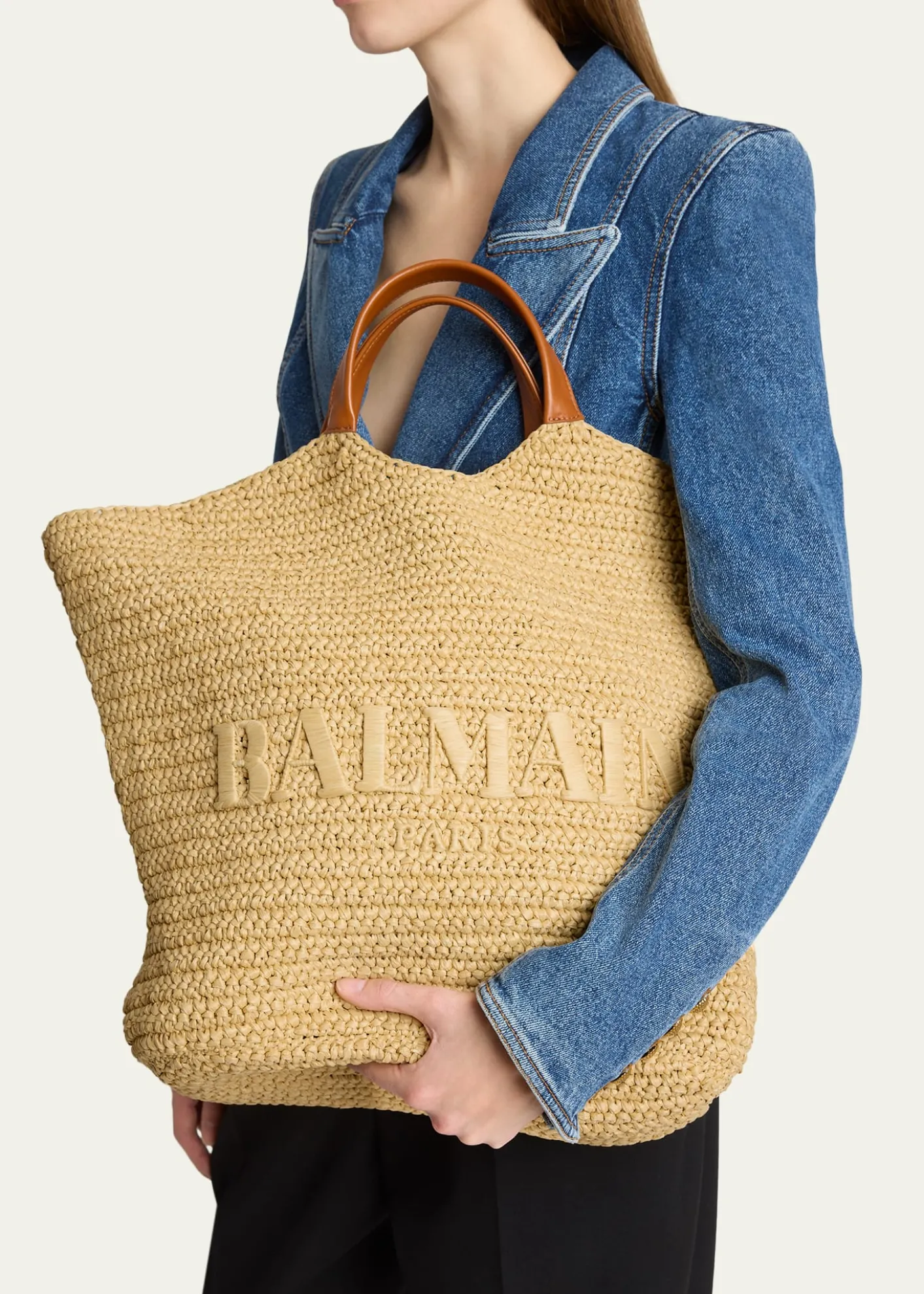 BalmainCabas Large Faux Raffia Tote Bag