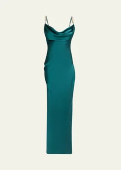 BalmainCowl-Neck Embroidered Strap Silk Column Gown