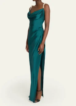 BalmainCowl-Neck Embroidered Strap Silk Column Gown