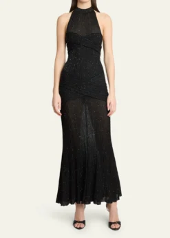 BalmainGlittered Crisscross Semi-Sheer Halter Dress