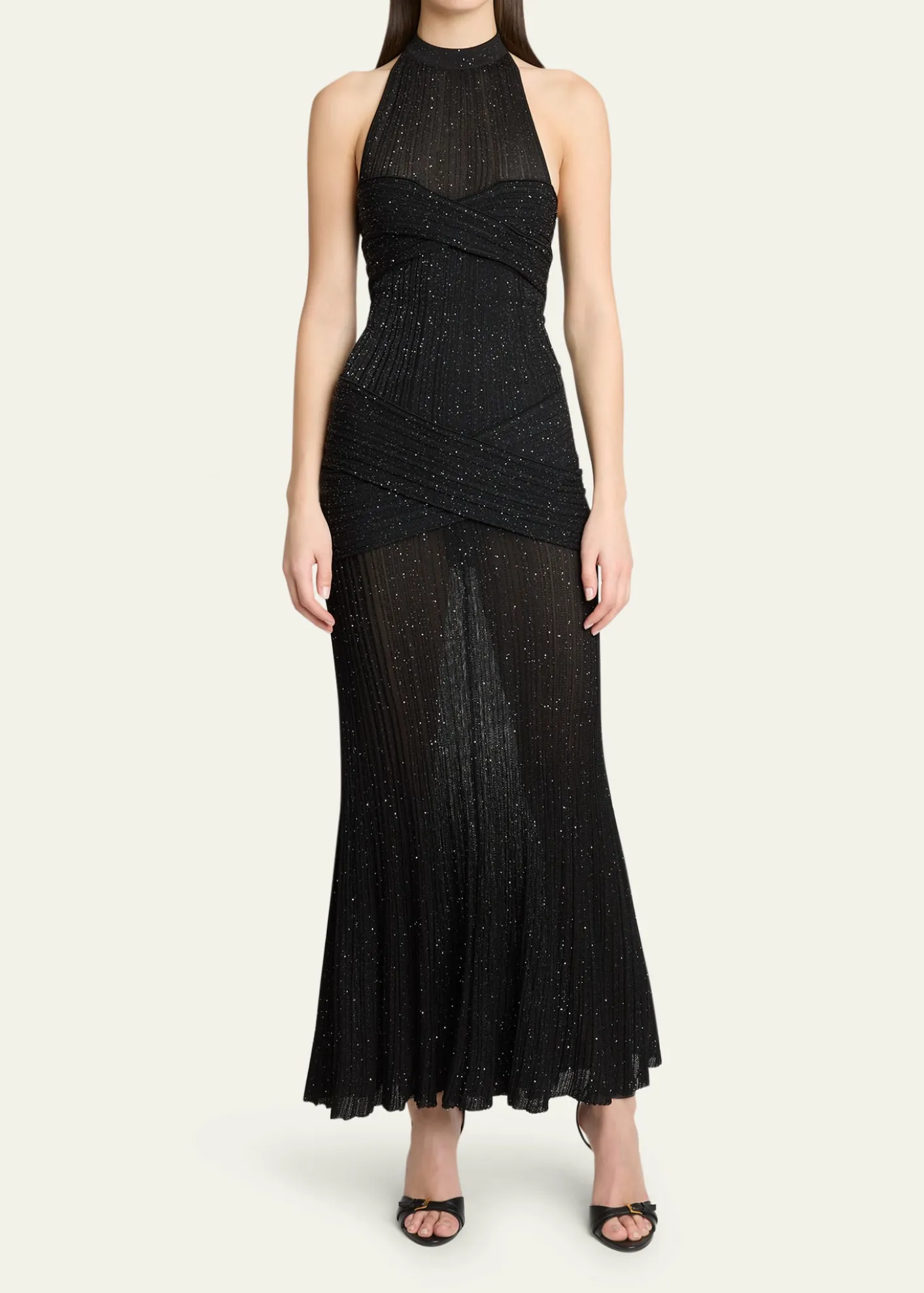 BalmainGlittered Crisscross Semi-Sheer Halter Dress